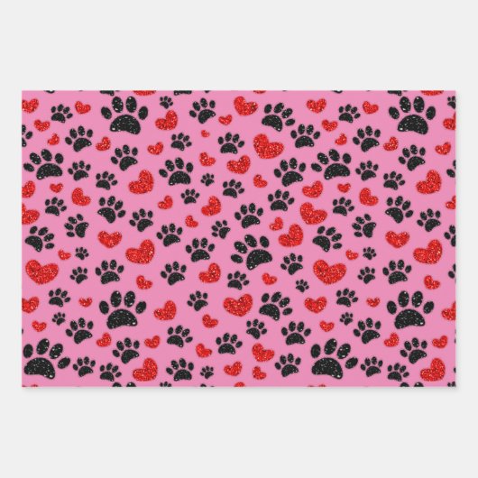 Glitzer Cartoon Dog Paw Prints and Red Hearts Geschenkpapier Set (Vorderseite)