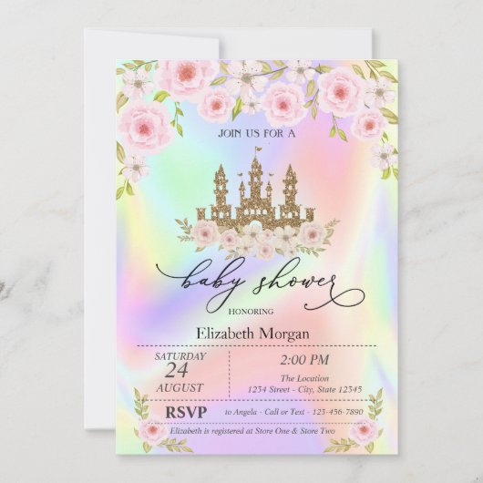 Glitzer Castle Rose Holographic Baby Shower Einladung (Vorderseite)
