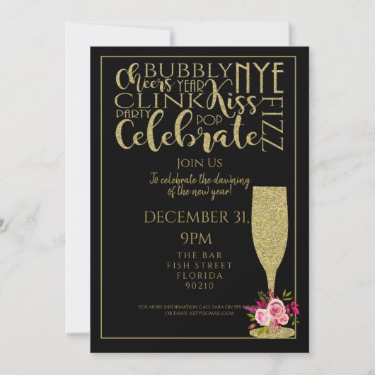 Glitzer Champagner neues Jahr Party PTO PTA Einladung (Vorderseite)