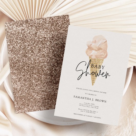 Glitzer Chic Watercolor Ice Cream Baby Dusche Einladung