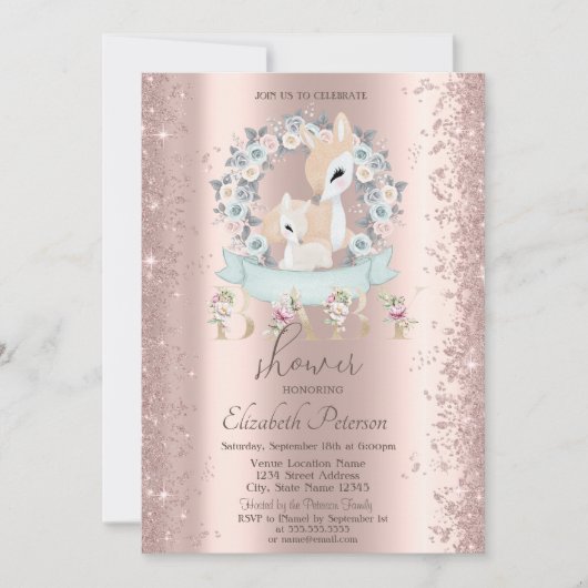 Glitzer Confetti Baby Deers Blume Babydusche Einladung (Vorderseite)