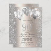 Glitzer Confetti Balloons Champagne 90. Geburtstag Einladung (Vorne/Hinten)