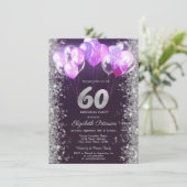 Glitzer Confetti Balloons Lila 60. Geburtstag Einladung (Stehend Vorderseite)