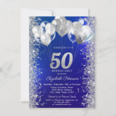 Glitzer Confetti Balloons Navy Blue 50. Geburtstag Einladung (Vorderseite)