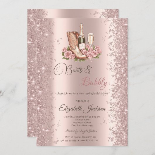 Glitzer Confetti Boots Blume Wein Brautparty Einladung (Vorne/Hinten)