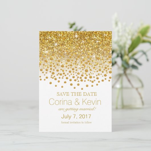 Glitzer Confetti Dusche Save the Date goldweiß (Stehend Vorderseite)