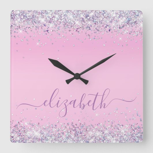 Glitzer Confetti Personalisiert Pink Square Wall C Quadratische Wanduhr (Vorderseite)