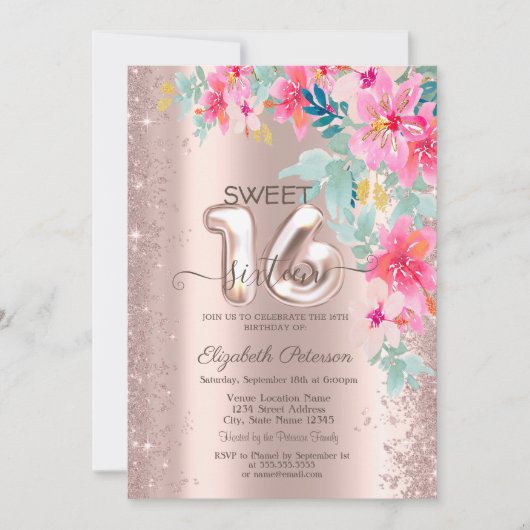 Glitzer Confetti Spring Flowers Rose Gold Sweet 16 Einladung (Vorderseite)