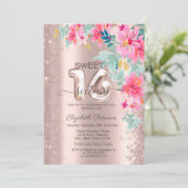 Glitzer Confetti Spring Flowers Rose Gold Sweet 16 Einladung (Stehend Vorderseite)