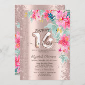 Glitzer Confetti Spring Flowers Rose Gold Sweet 16 Einladung (Vorne/Hinten)