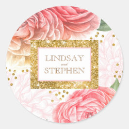 Glitzer Confetti und rosa Blume Aquarell Runder Aufkleber