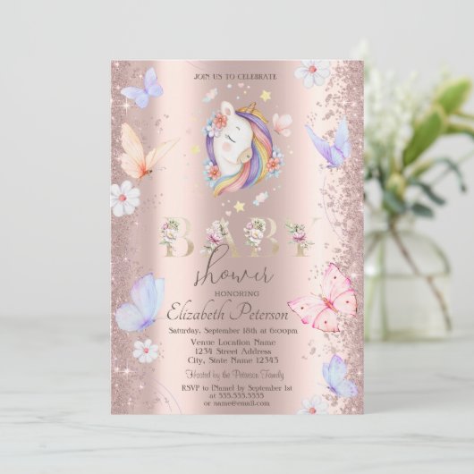 Glitzer Confetti Unicorn Butterflies Babydusche Einladung (Stehend Vorderseite)