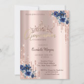 Glitzer Crown Drop Blue Blumen Quinceañera Einladung (Vorderseite)