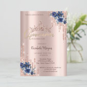Glitzer Crown Drop Blue Blumen Quinceañera Einladung (Stehend Vorderseite)