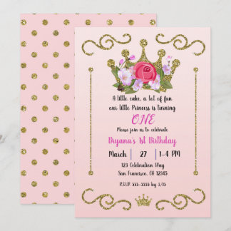 Glitzer Crown Floral Dots Rosa 1. Geburtstag Einladung