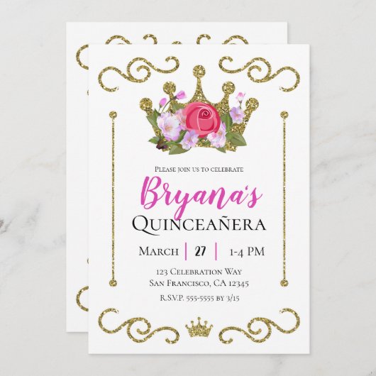 Glitzer Crown Floral Foto Quinceñera Party Einladung (Vorne/Hinten)