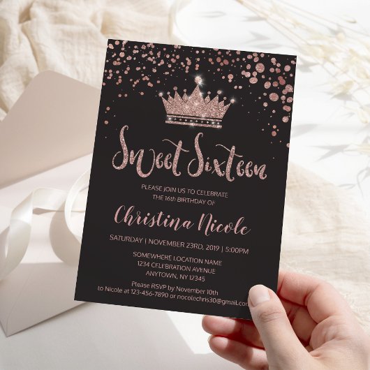 Glitzer Crown Rose Gold Gray Confetti Sweet 16 Einladung