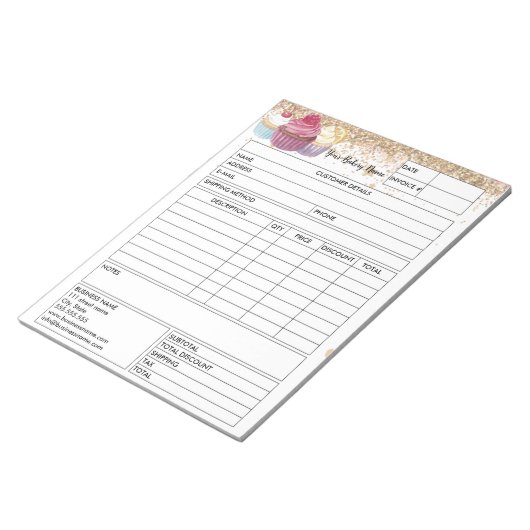 Glitzer Cupcake Bakery Sales Formular Rechnung Notizblock (angewinkelt)