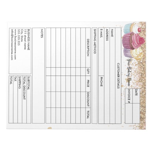 Glitzer Cupcake Bakery Sales Formular Rechnung Notizblock (Vorderseite)