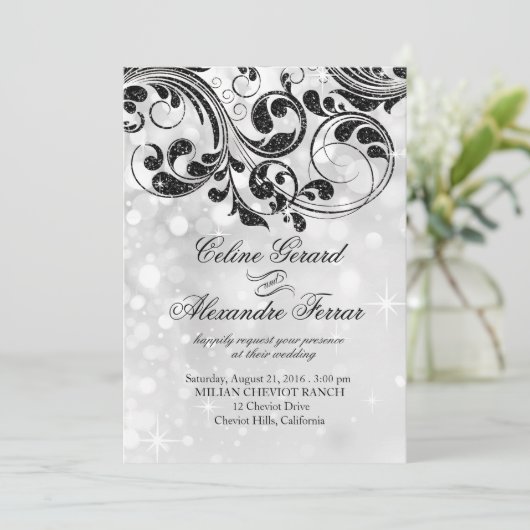 Glitzer Curlicues auf Imitate Metallic Bokeh Silbe Einladung (Stehend Vorderseite)