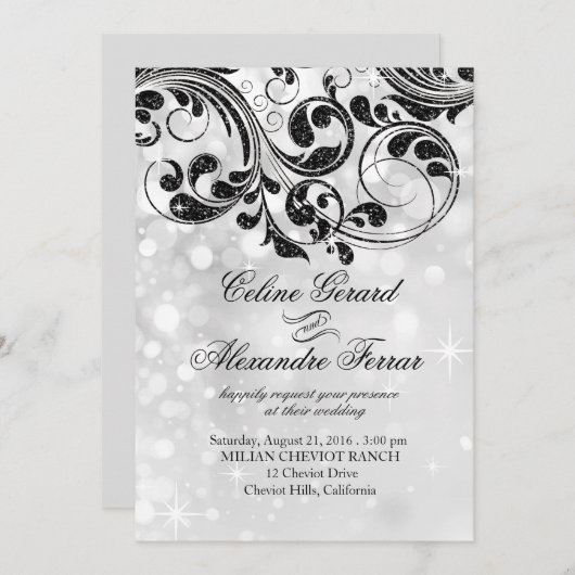 Glitzer Curlicues auf Imitate Metallic Bokeh Silbe Einladung (Vorne/Hinten)
