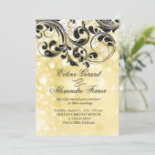Glitzer Curlicues auf Imitaten Metallic Bokeh Gold Einladung (Stehend Vorderseite)