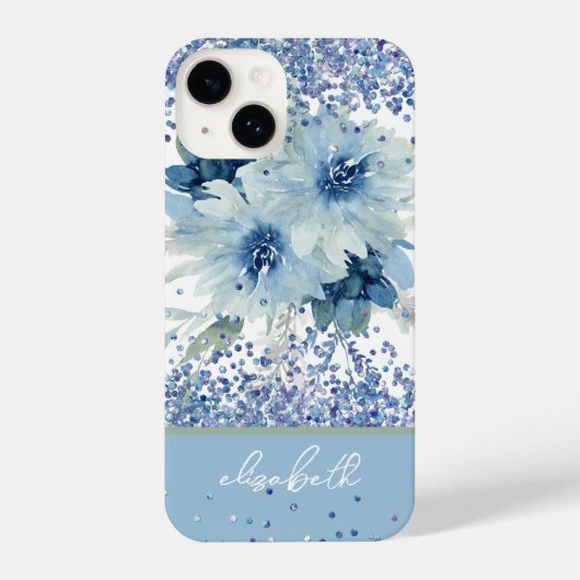 Glitzer Custom Blue Floral Personalisiert Name iPhone Hülle (Rückseite)