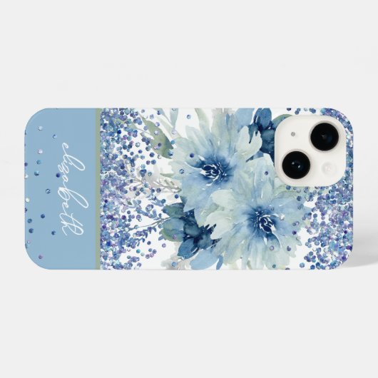 Glitzer Custom Blue Floral Personalisiert Name iPhone Hülle (Rückseite (Horizontal))