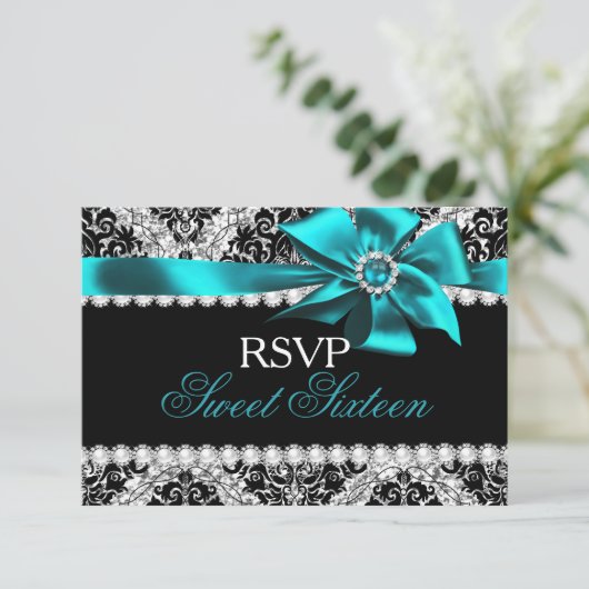 Glitzer Damask & Aquamarin Jewel Bow Sweet 16 UAWG RSVP Karte (Stehend Vorderseite)