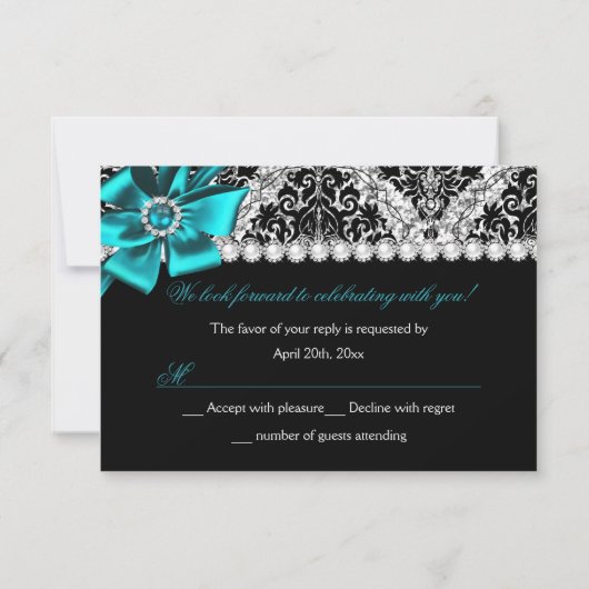Glitzer Damask & Aquamarin Jewel Bow Sweet 16 UAWG RSVP Karte (Rückseite)