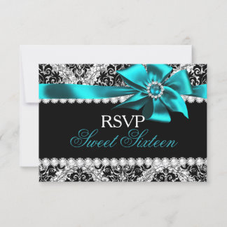 Glitzer Damask & Aquamarin Jewel Bow Sweet 16 UAWG RSVP Karte