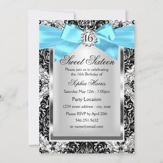 Glitzer Damask & Blue Bow Sweet 16 Foto Einladung (Rückseite)