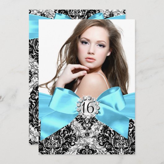 Glitzer Damask & Blue Bow Sweet 16 Foto Einladung (Vorne/Hinten)