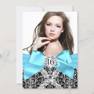 Glitzer Damask & Blue Bow Sweet 16 Foto Einladung