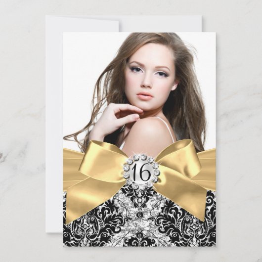 Glitzer Damask & Gold Bow Sweet 16 Foto Einladung (Vorderseite)