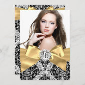 Glitzer Damask & Gold Bow Sweet 16 Foto Einladung (Vorne/Hinten)