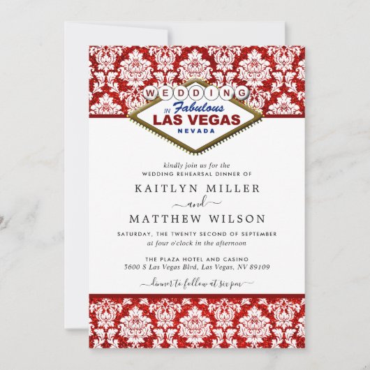 Glitzer Damask Las Vegas Hochzeit Probe Dinner Einladung (Vorderseite)