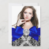 Glitzer Damask & Royal Blue Bow Sweet 16 Foto Einladung (Vorderseite)