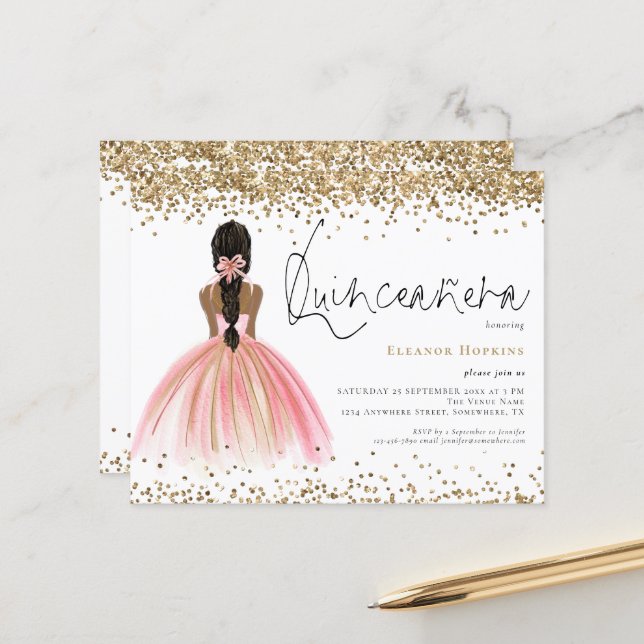 Glitzer Dark Hair Pink Quinceanera (Vorderseite/Rückseite Beispiel)