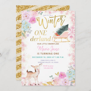 Glitzer Deer Pink Winter Onederland Geburtstag  Einladung