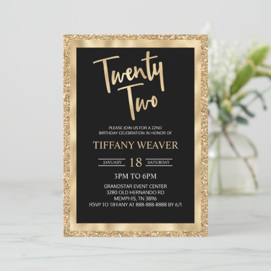 Glitzer der Goldfohlen 22. Geburtstag Einladung (Stehend Vorderseite)