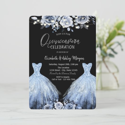 Glitzer Dress Blue Blumen Einladung (Stehend Vorderseite)