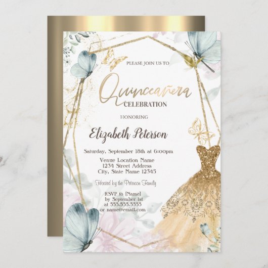 Glitzer Dress Blue Butterfets Gold Frame Einladung (Vorne/Hinten)