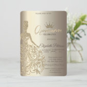 Glitzer Dress, Diamonds Champagne Quinceañera Einladung (Stehend Vorderseite)