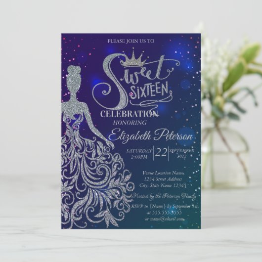 Glitzer Dress, Tiara, Diamonds Blue Stars Sweet 16 Einladung (Stehend Vorderseite)