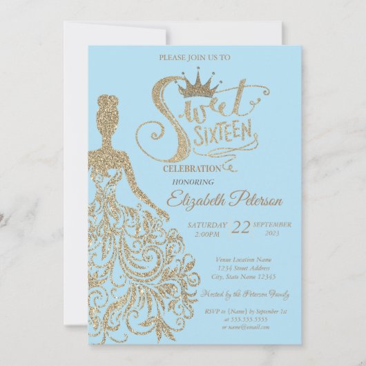 Glitzer Dress, Tiara, Diamonds Light Blue Sweet 16 Einladung (Vorderseite)