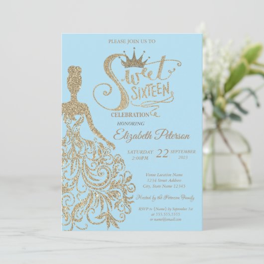 Glitzer Dress, Tiara, Diamonds Light Blue Sweet 16 Einladung (Stehend Vorderseite)
