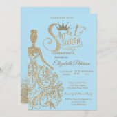 Glitzer Dress, Tiara, Diamonds Light Blue Sweet 16 Einladung (Vorne/Hinten)