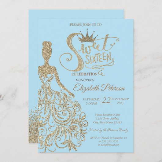 Glitzer Dress, Tiara, Diamonds Light Blue Sweet 16 Einladung (Vorne/Hinten)