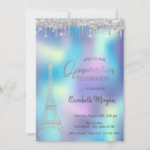Glitzer Drops Eiffelturm Holographic Quinceanera Einladung (Vorderseite)